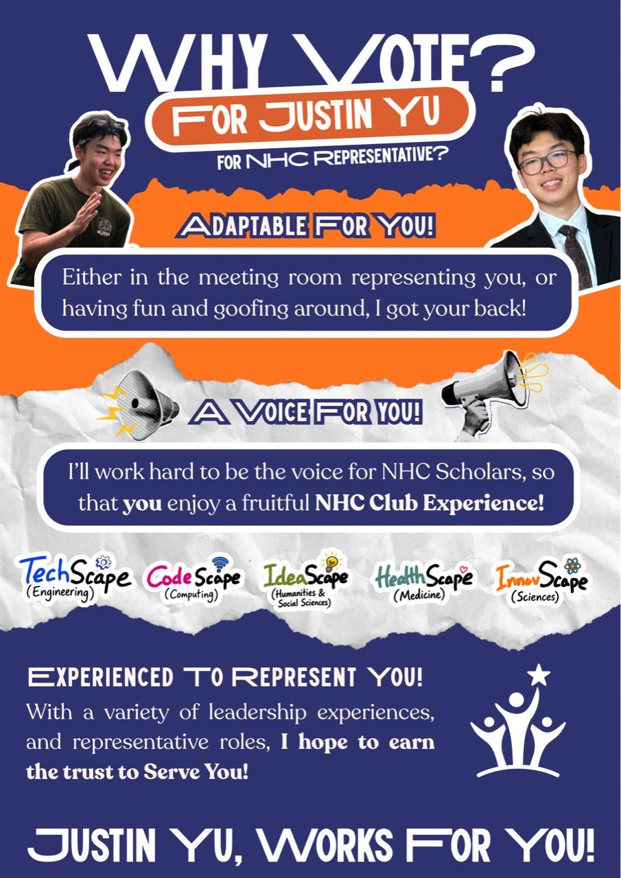 Justin Yu’s NHC representative campaign poster with two portraits and statements about adaptability, listening, and representing scholars.